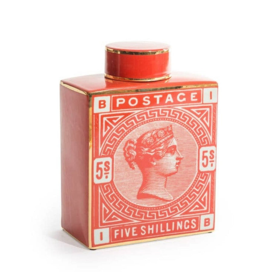 Large Red Postage Stamp Ceramic Storage Jar