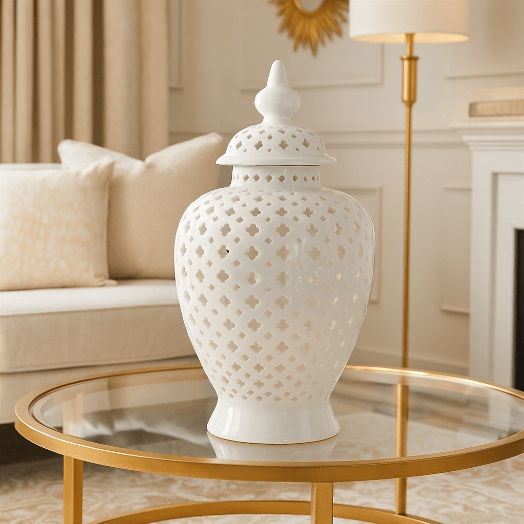 Large White Pierced Ceramic Jar - LUXONAS