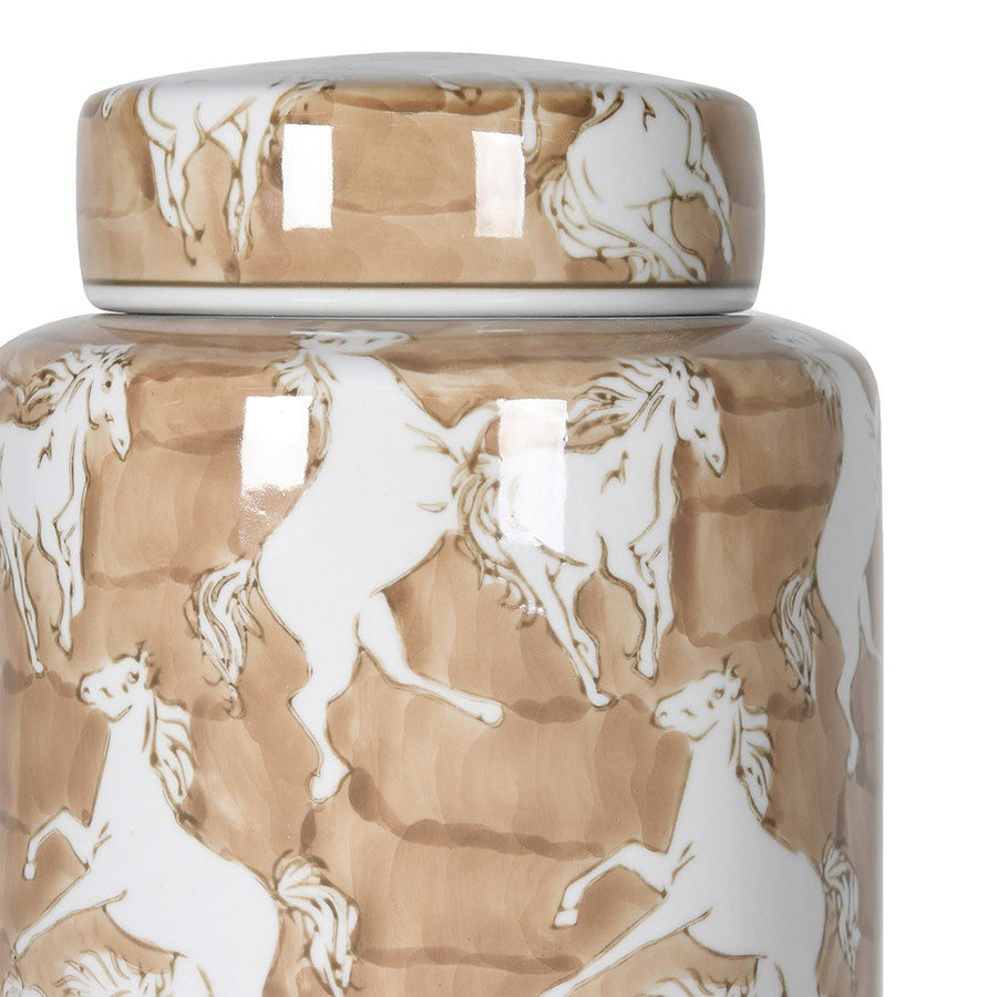 Large Wild Horse Lidded Jar - Elegant Porcelain Decor