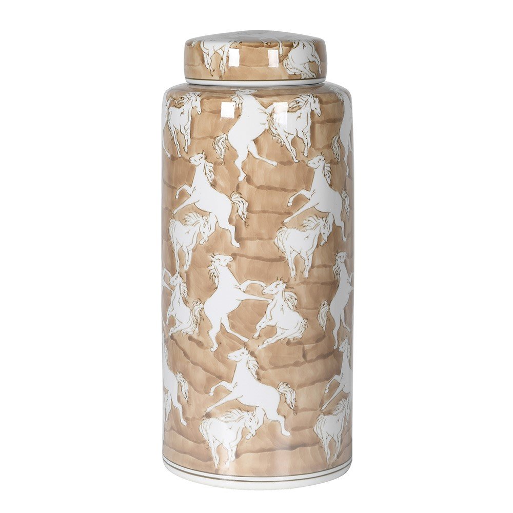 Large Wild Horse Lidded Jar - Elegant Porcelain Decor