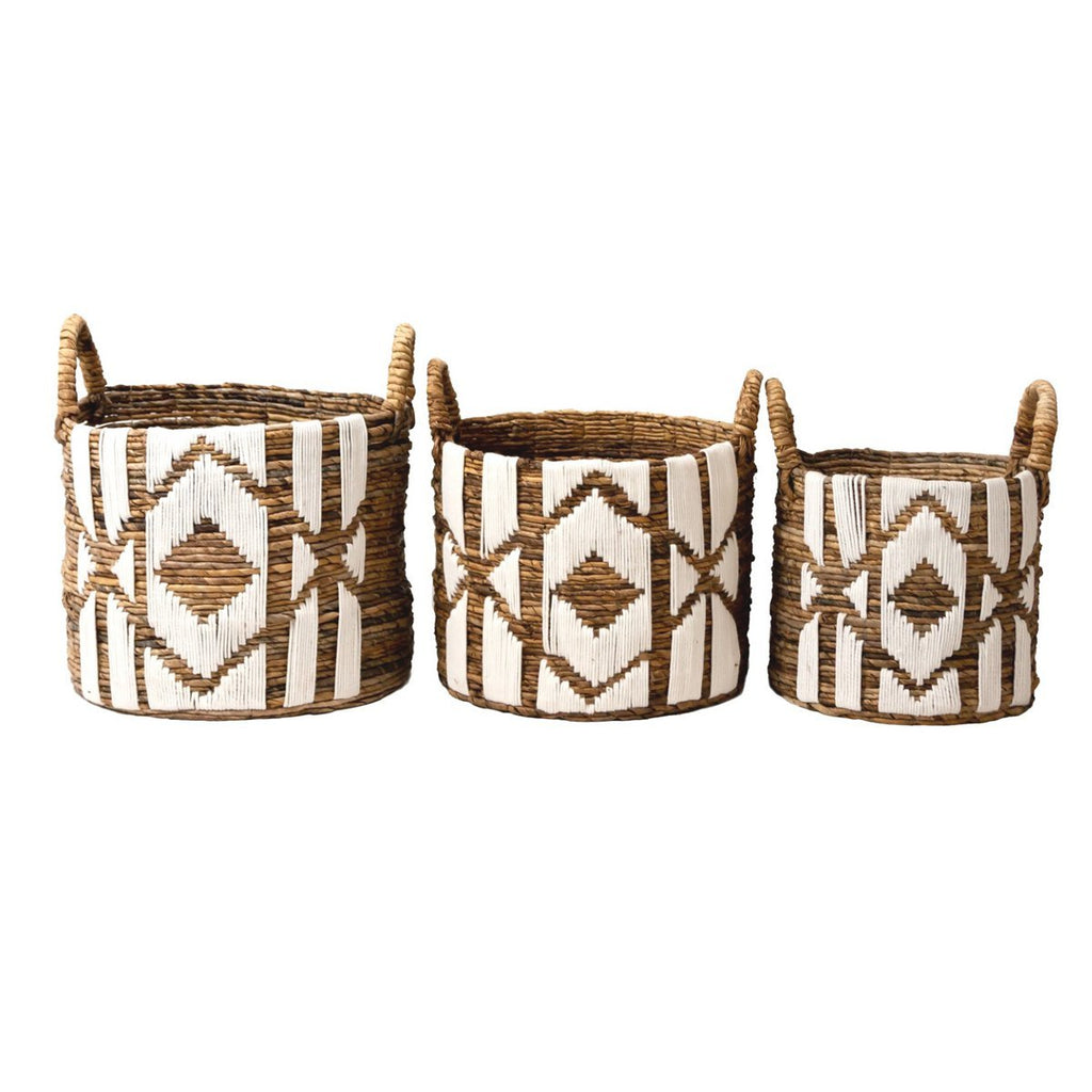 Laundry Basket Plant Basket Large Round NASARI Made of Banana Fibre with Cotton Macrame Pattern - LUXONAS HOME