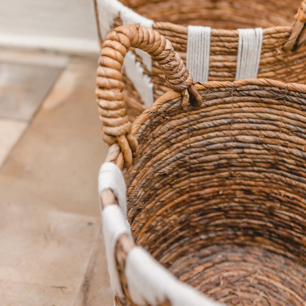 Laundry Basket Plant Basket Large Round NASARI Made of Banana Fibre with Cotton Macrame Pattern - LUXONAS HOME