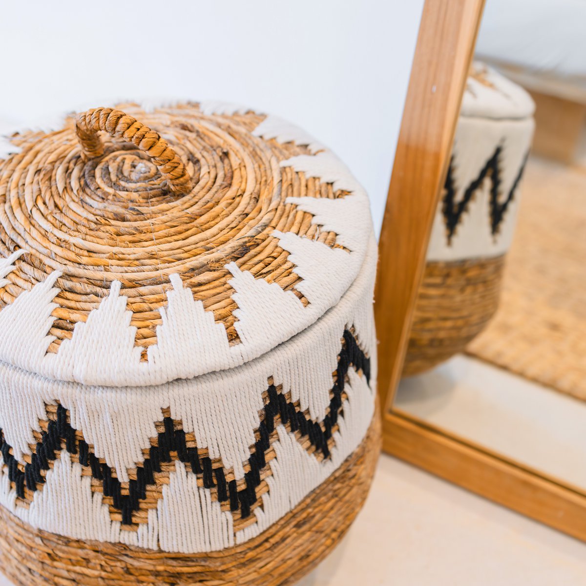 Laundry Basket with Lid – Boho Laundry Hamper Round – Large Boho Basket – Woven Basket with Cotton Pattern PALEM (3 sizes Ø33/43/55cm) - LUXONAS HOME