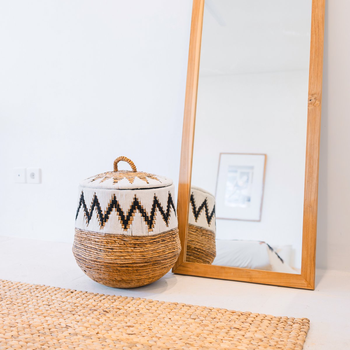 Laundry Basket with Lid – Boho Laundry Hamper Round – Large Boho Basket – Woven Basket with Cotton Pattern PALEM (3 sizes Ø33/43/55cm) - LUXONAS HOME