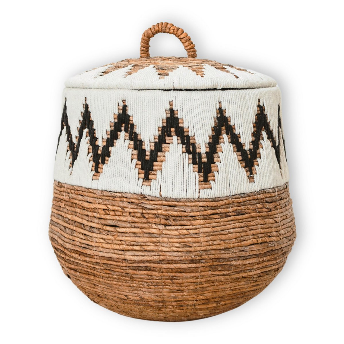 Laundry Basket with Lid – Boho Laundry Hamper Round – Large Boho Basket – Woven Basket with Cotton Pattern PALEM (3 sizes Ø33/43/55cm) - LUXONAS HOME