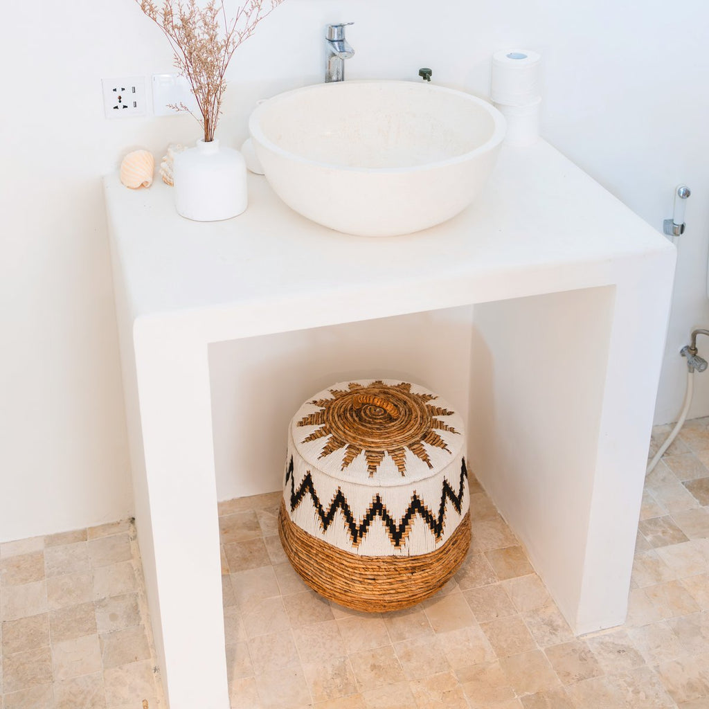 Laundry Basket with Lid – Boho Laundry Hamper Round – Large Boho Basket – Woven Basket with Cotton Pattern PALEM (3 sizes Ø33/43/55cm) - LUXONAS HOME