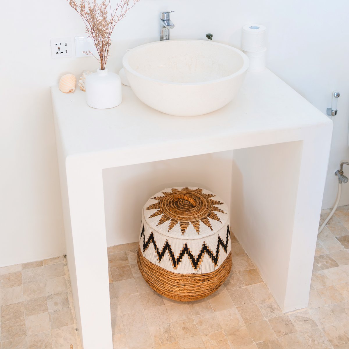 Laundry Basket with Lid – Boho Laundry Hamper Round – Large Boho Basket – Woven Basket with Cotton Pattern PALEM (3 sizes Ø33/43/55cm) - LUXONAS HOME