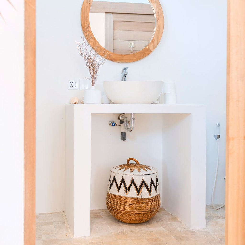 Laundry Basket with Lid – Boho Laundry Hamper Round – Large Boho Basket – Woven Basket with Cotton Pattern PALEM (3 sizes Ø33/43/55cm) - LUXONAS HOME