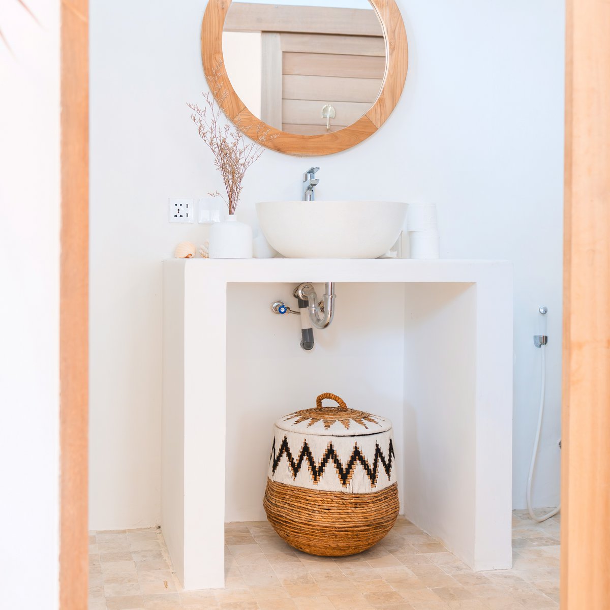 Laundry Basket with Lid – Boho Laundry Hamper Round – Large Boho Basket – Woven Basket with Cotton Pattern PALEM (3 sizes Ø33/43/55cm) - LUXONAS HOME