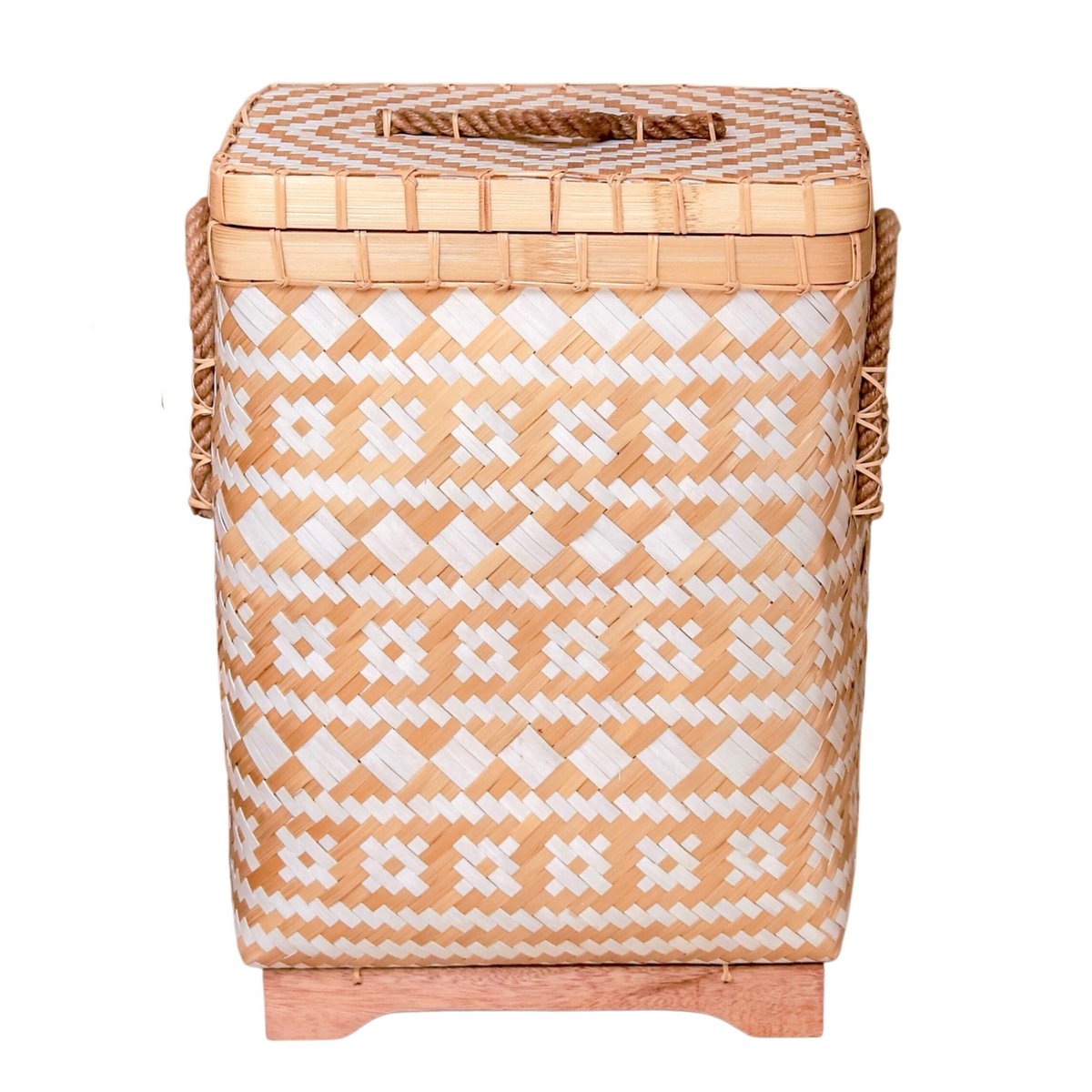 Laundry Basket with Lid DARI Handwoven from Bamboo with Beige and White Zigzag Pattern - LUXONAS HOME