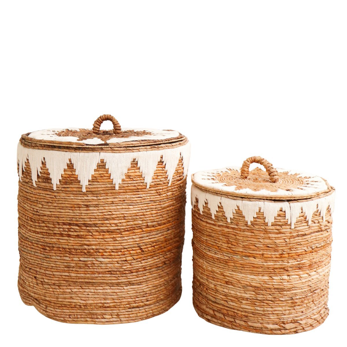 Laundry Basket with Lid Handwoven from Banana Fibre EMPAT Large Decorative Hamper Basket with White Cotton Macramé (2 sizes) - LUXONAS HOME