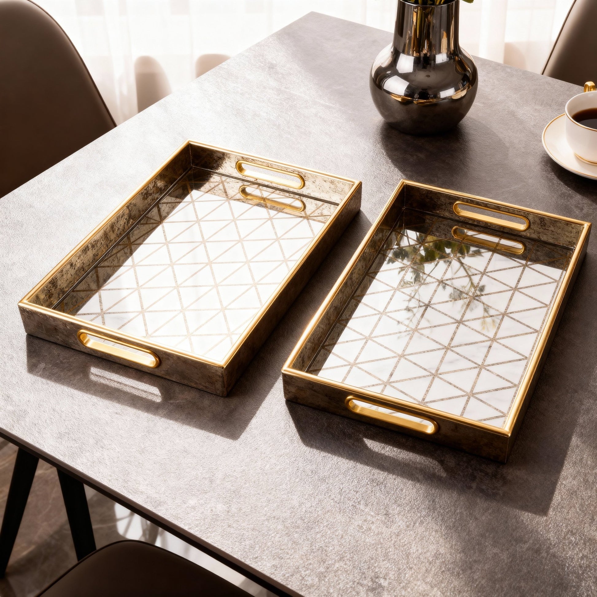 Lined Mirror Large Tray - Elegant Gold Accents - LUXONAS