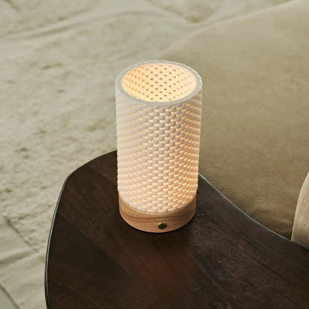 Luna Light Brown Wooden Rechargeable Table Lamp | 3D - Printed Porcelain, Dimmable & Up to 100 Hours of Battery Life - LUXONAS HOME