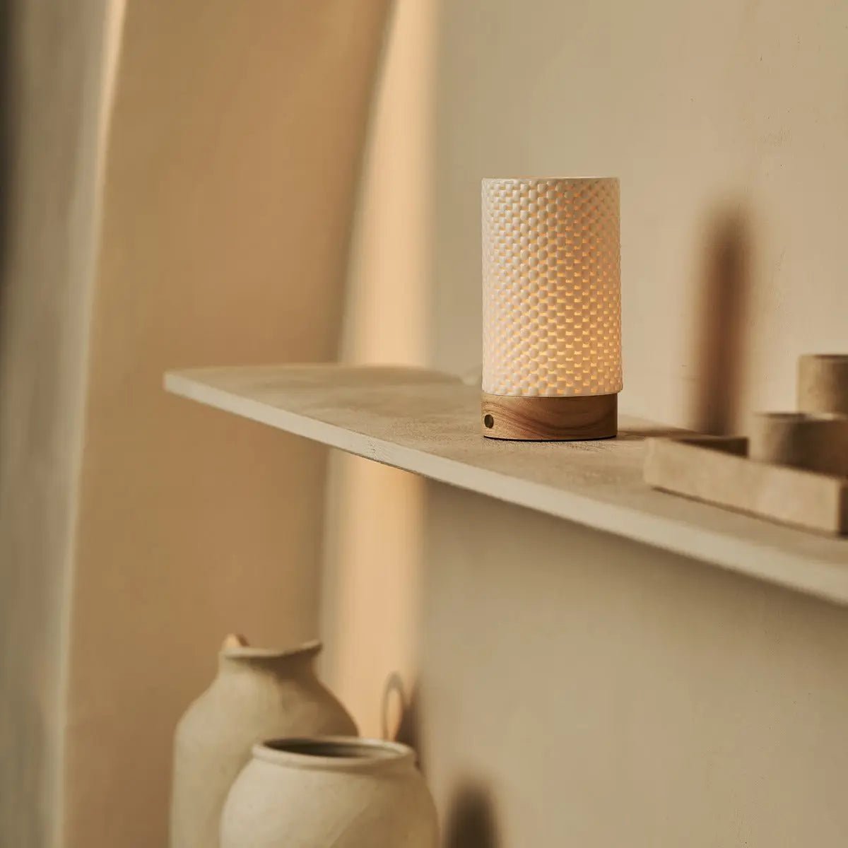 Luna Light Brown Wooden Rechargeable Table Lamp | 3D - Printed Porcelain, Dimmable & Up to 100 Hours of Battery Life - LUXONAS HOME