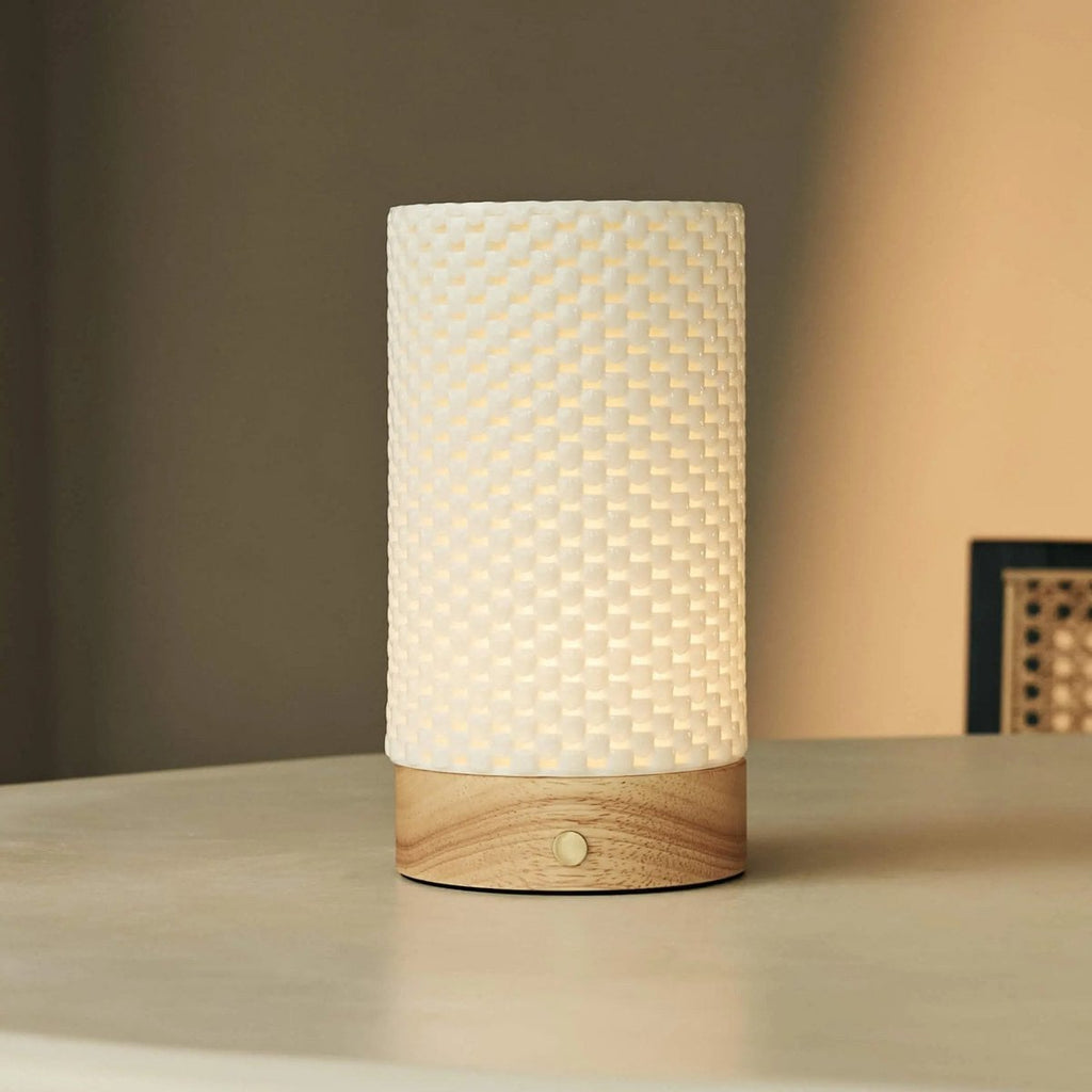Luna Light Brown Wooden Rechargeable Table Lamp | 3D - Printed Porcelain, Dimmable & Up to 100 Hours of Battery Life - LUXONAS HOME