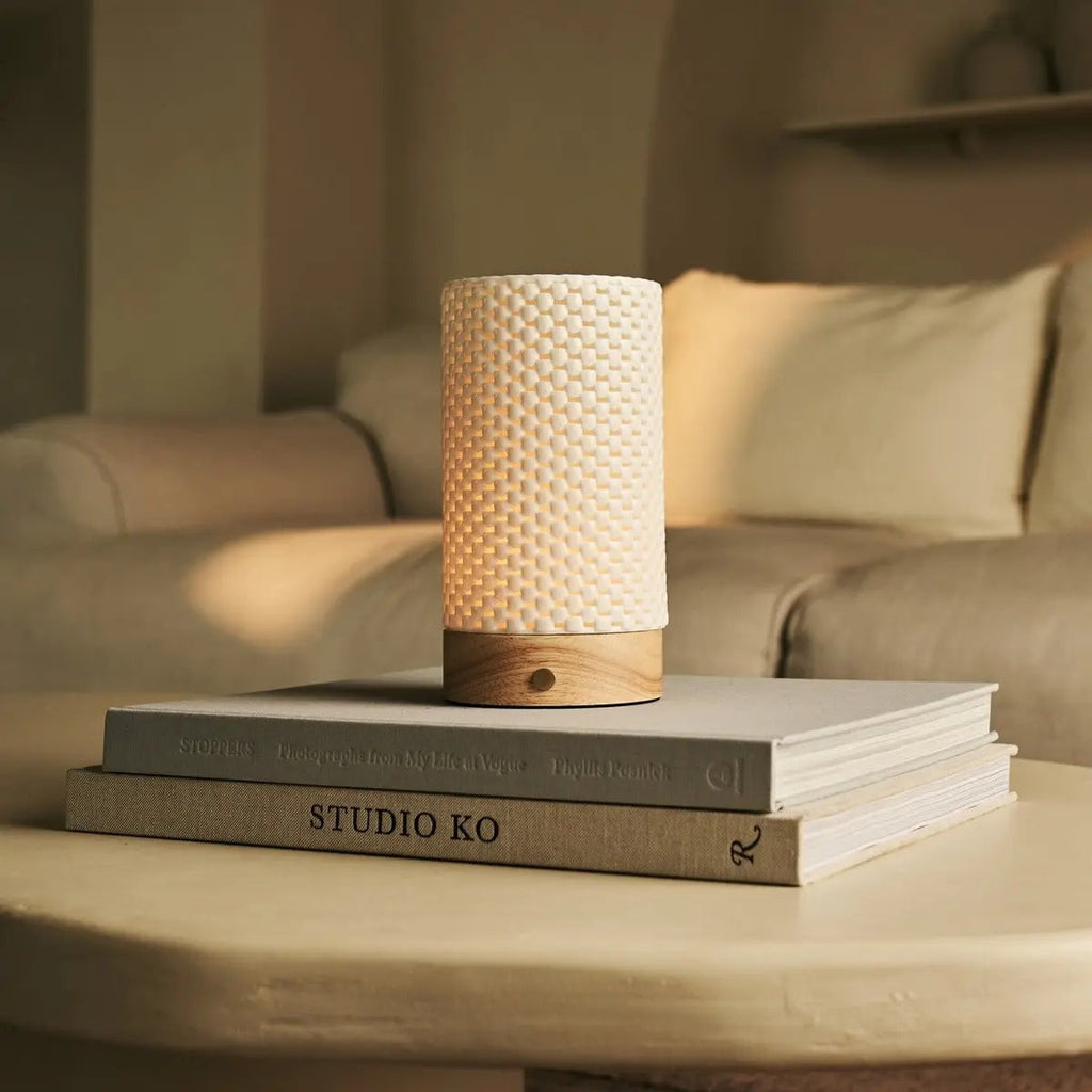 Luna Light Brown Wooden Rechargeable Table Lamp | 3D - Printed Porcelain, Dimmable & Up to 100 Hours of Battery Life - LUXONAS HOME