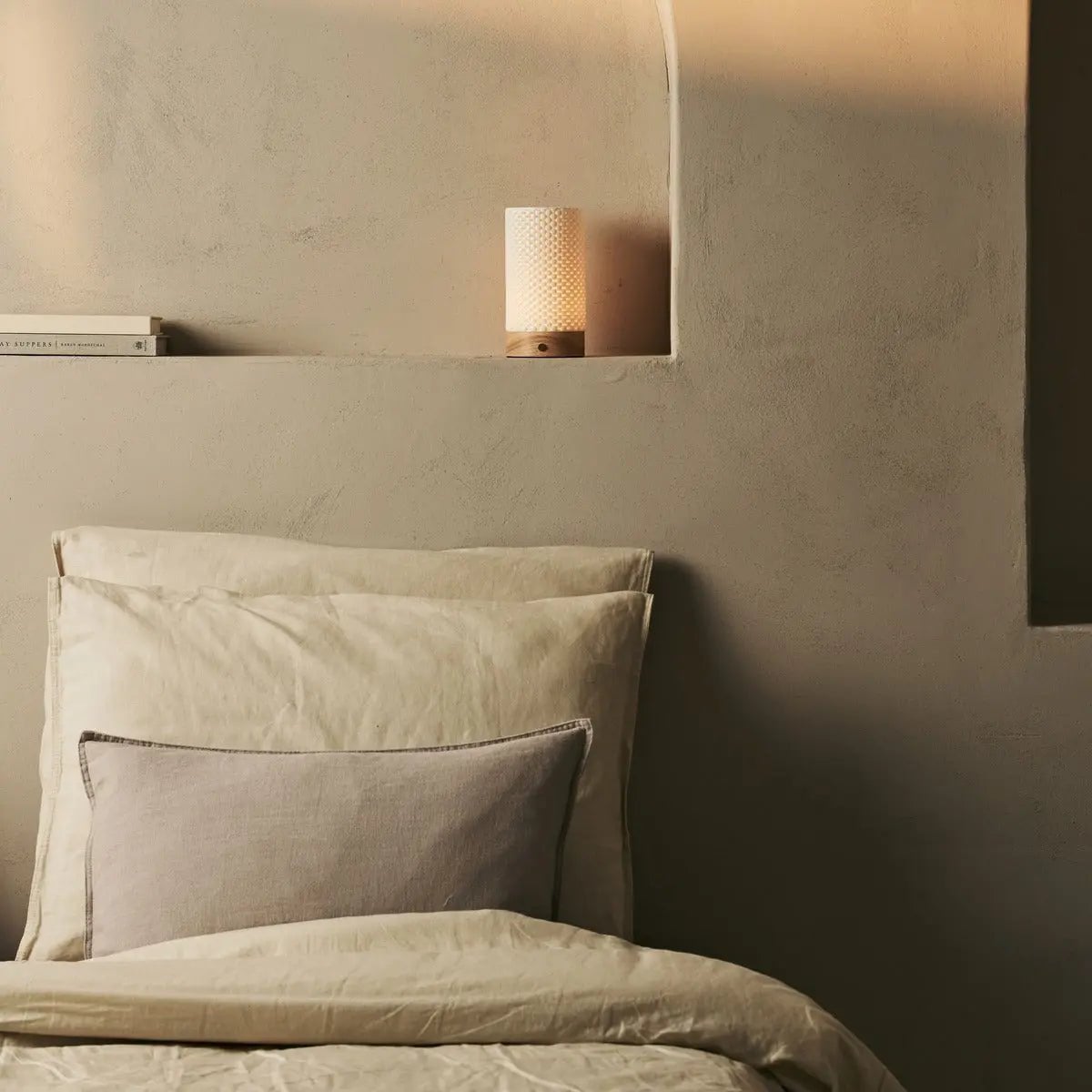 Luna Light Brown Wooden Rechargeable Table Lamp | 3D - Printed Porcelain, Dimmable & Up to 100 Hours of Battery Life - LUXONAS HOME