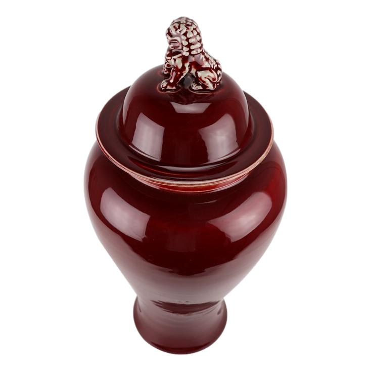 Maroon Ceramic Ginger Jar w/Lion on Lid - LUXONAS