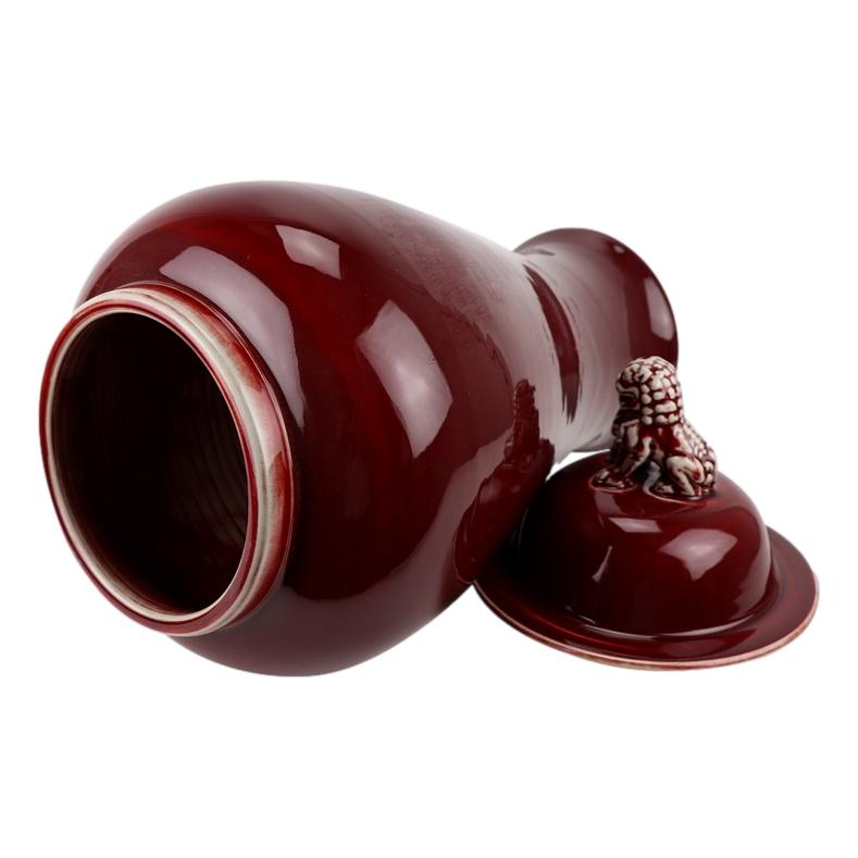 Maroon Ceramic Ginger Jar w/Lion on Lid - LUXONAS