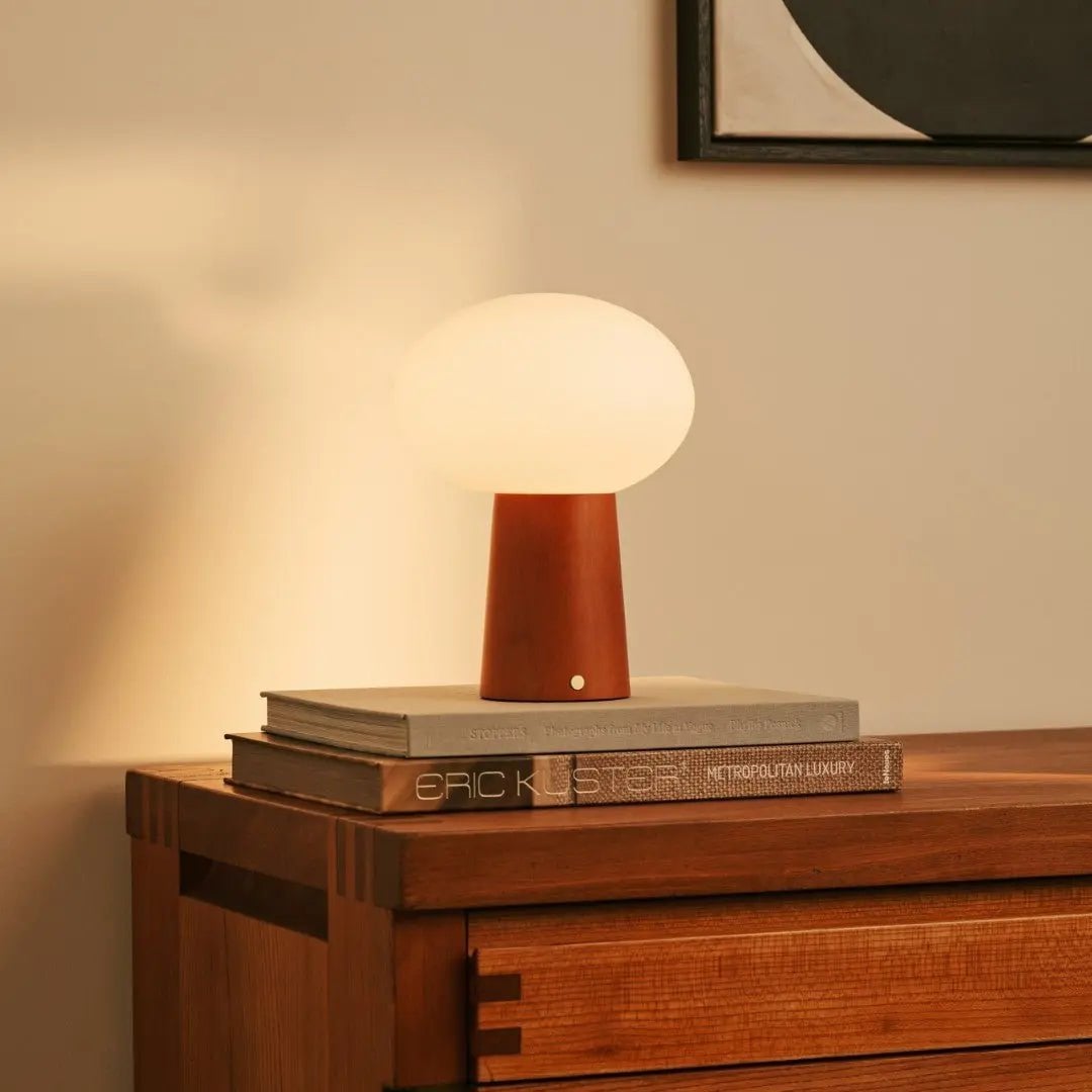 Max Chestnut Brown Wooden Cordless Table Lamp | Rechargeable, Glass, Sustainable Design - LUXONAS HOME