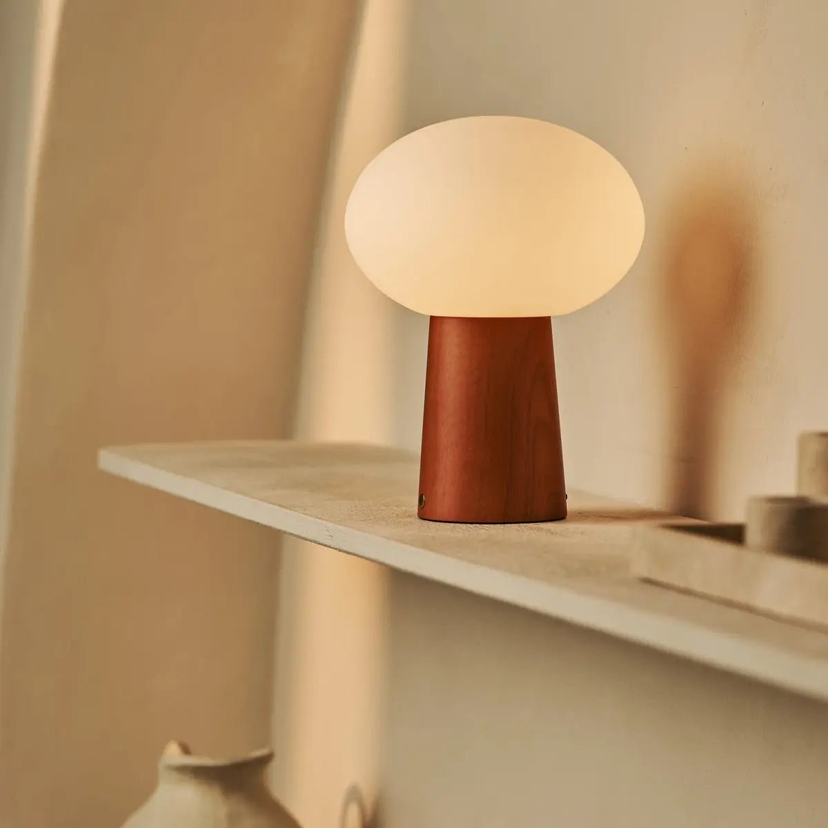 Max Chestnut Brown Wooden Cordless Table Lamp | Rechargeable, Glass, Sustainable Design - LUXONAS HOME