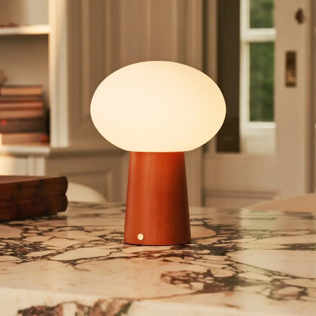 Max Chestnut Brown Wooden Cordless Table Lamp | Rechargeable, Glass, Sustainable Design - LUXONAS HOME