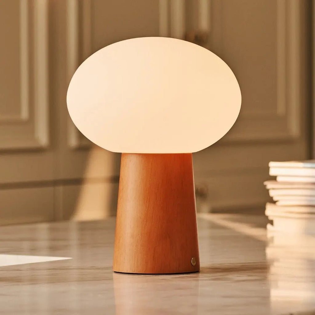 Max Chestnut Brown Wooden Cordless Table Lamp | Rechargeable, Glass, Sustainable Design - LUXONAS HOME