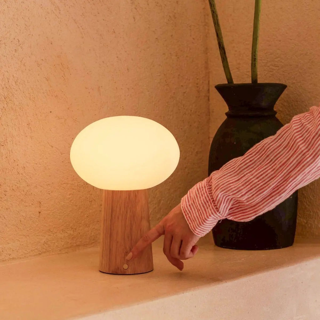 Max Light Brown Wooden Cordless Table Lamp | Rechargeable, Glass & Sustainable Design - LUXONAS HOME