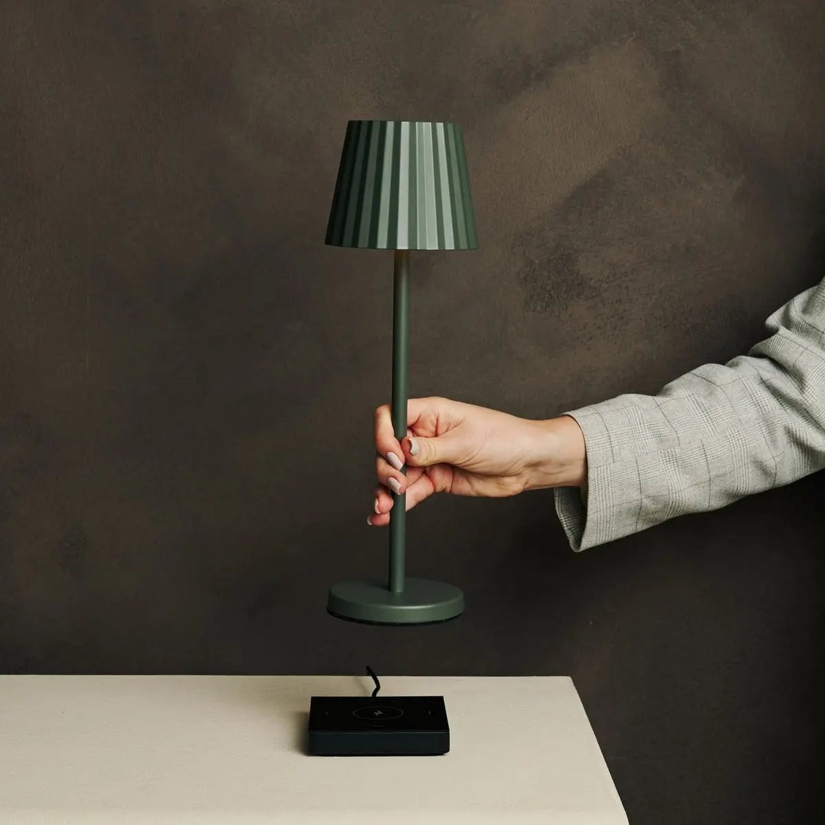 Maya Olive Green Ribbed Table Lamp | 3 Light Modes, Rechargeable via Charging Station - LUXONAS HOME