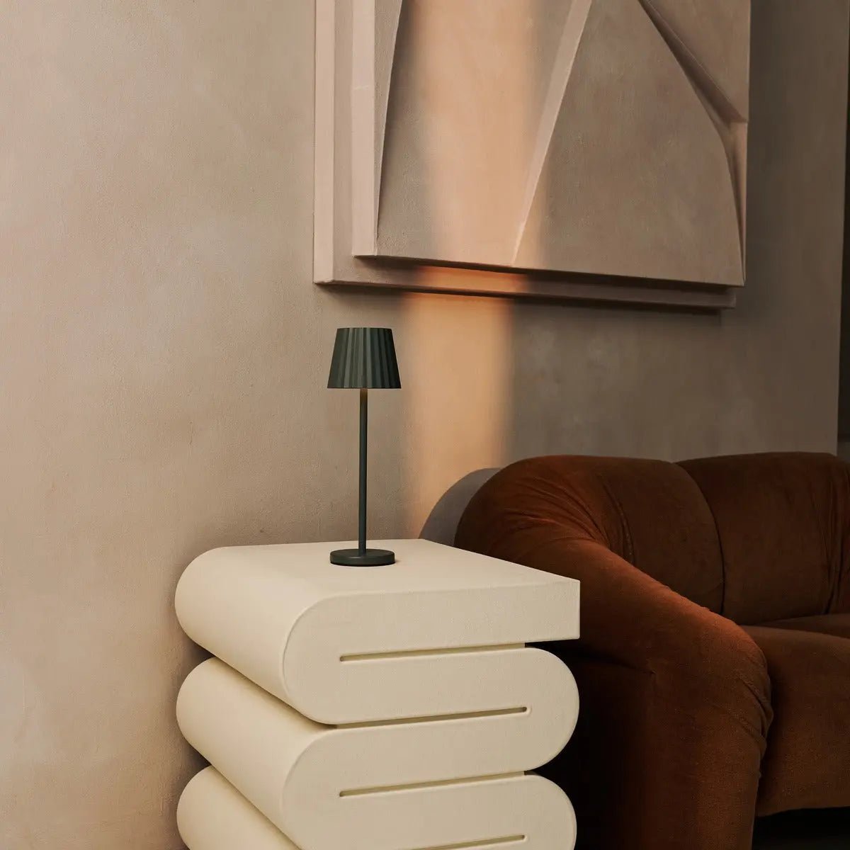 Maya Olive Green Ribbed Table Lamp | 3 Light Modes, Rechargeable via Charging Station - LUXONAS HOME