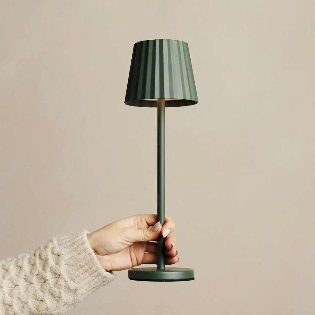 Maya Olive Green Ribbed Table Lamp | 3 Light Modes, Rechargeable via Charging Station - LUXONAS HOME