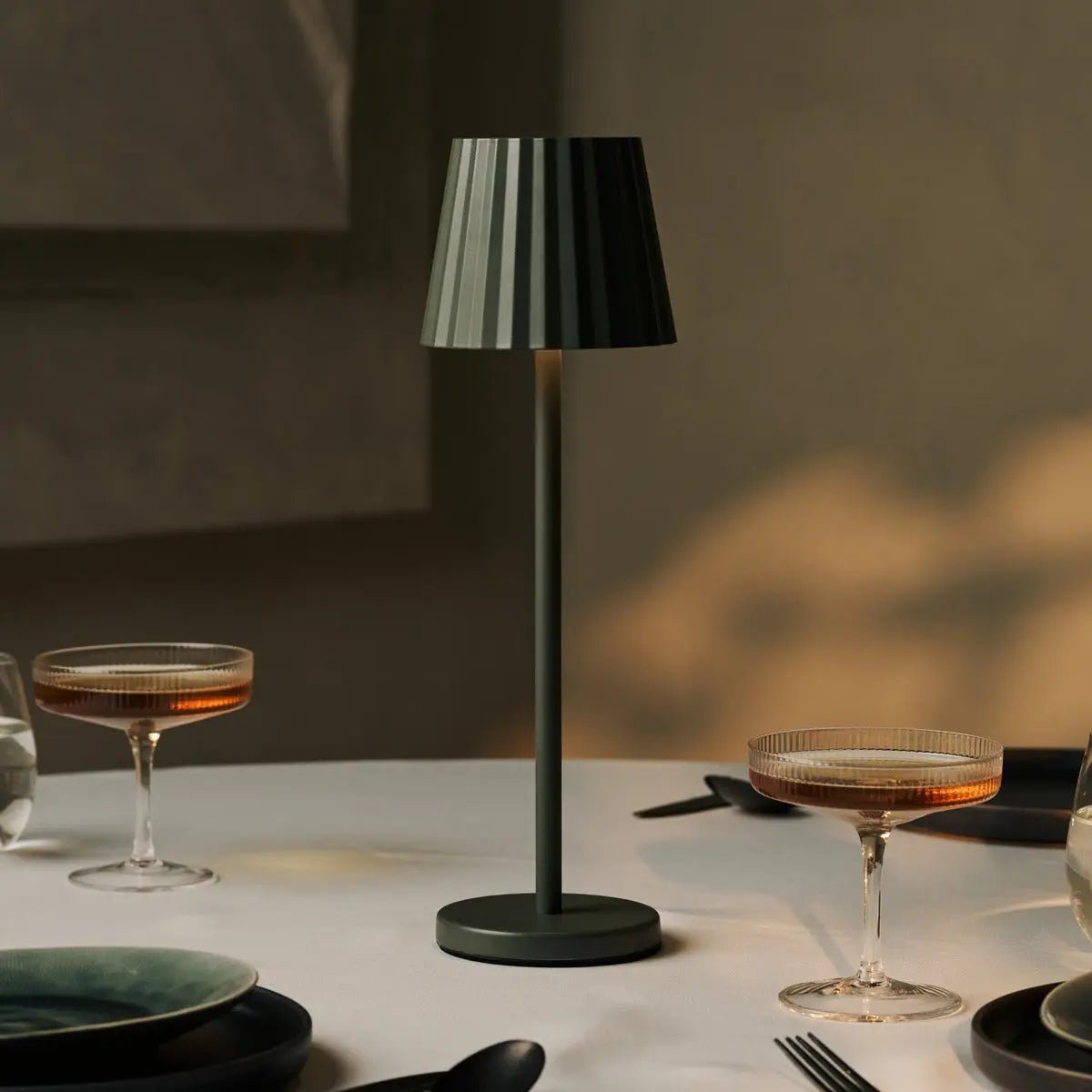 Maya Olive Green Ribbed Table Lamp | 3 Light Modes, Rechargeable via Charging Station - LUXONAS HOME