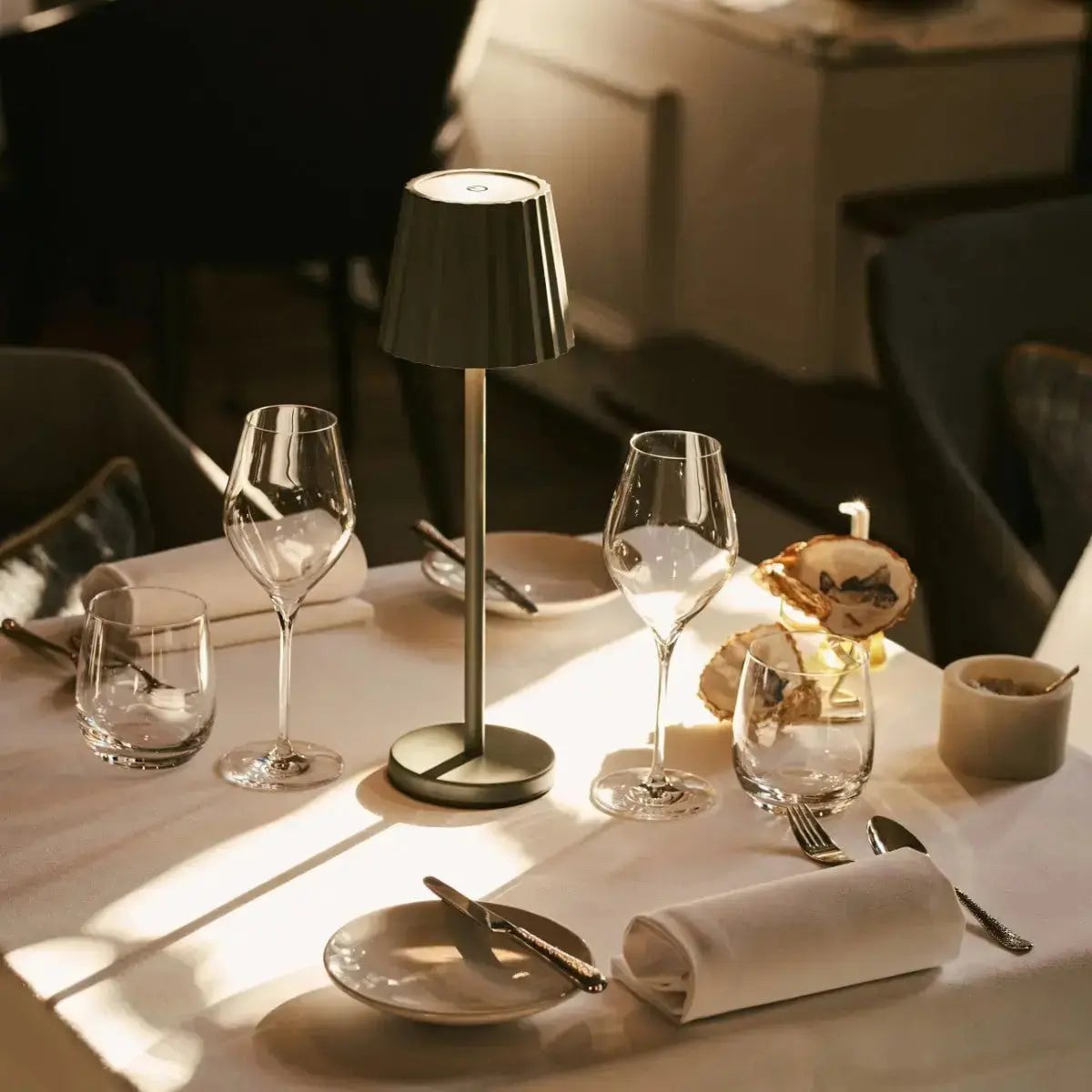 Maya Olive Green Ribbed Table Lamp | 3 Light Modes, Rechargeable via Charging Station - LUXONAS HOME