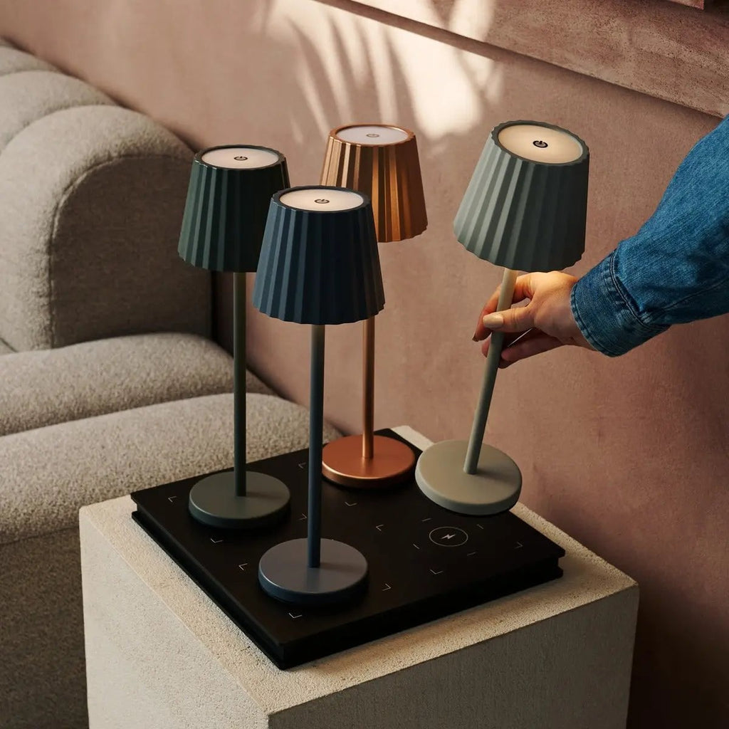 Maya Olive Green Ribbed Table Lamp | 3 Light Modes, Rechargeable via Charging Station - LUXONAS HOME