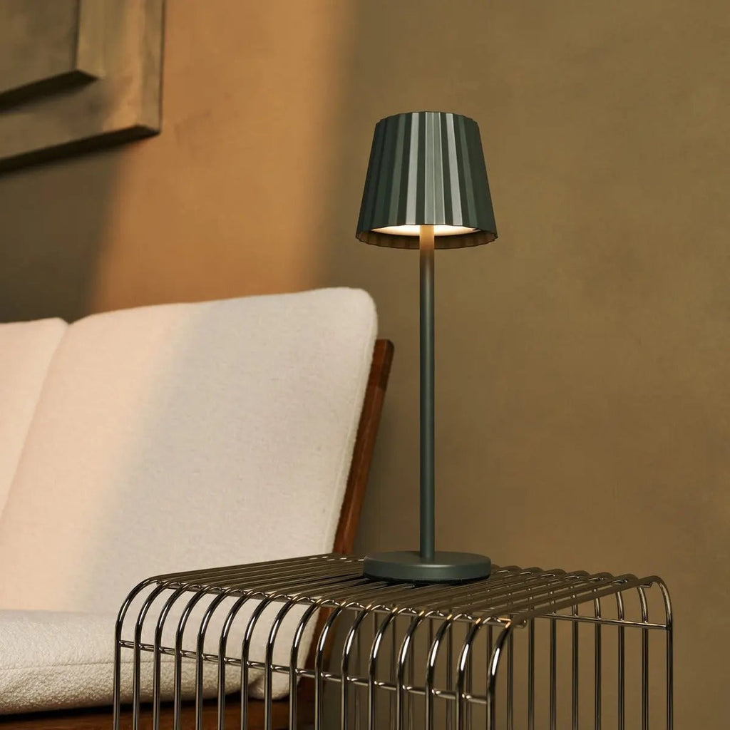 Maya Olive Green Ribbed Table Lamp | 3 Light Modes, Rechargeable via Charging Station - LUXONAS HOME