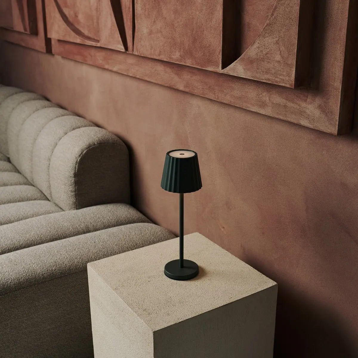 Maya Olive Green Ribbed Table Lamp | 3 Light Modes, Rechargeable via Charging Station - LUXONAS HOME