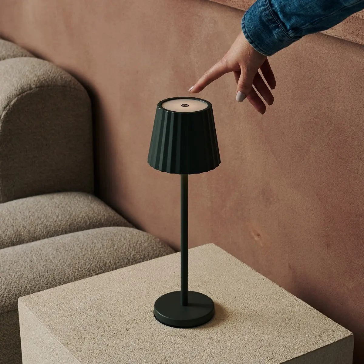 Maya Olive Green Ribbed Table Lamp | 3 Light Modes, Rechargeable via Charging Station - LUXONAS HOME
