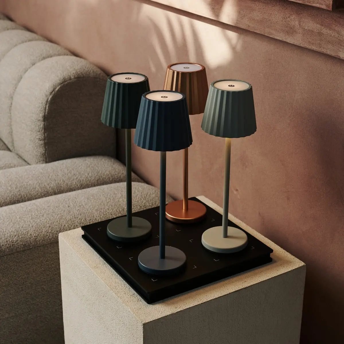 Maya Shadow Grey Ribbed Table Lamp | 3 Light Modes & Rechargeable via Charging Station - LUXONAS HOME