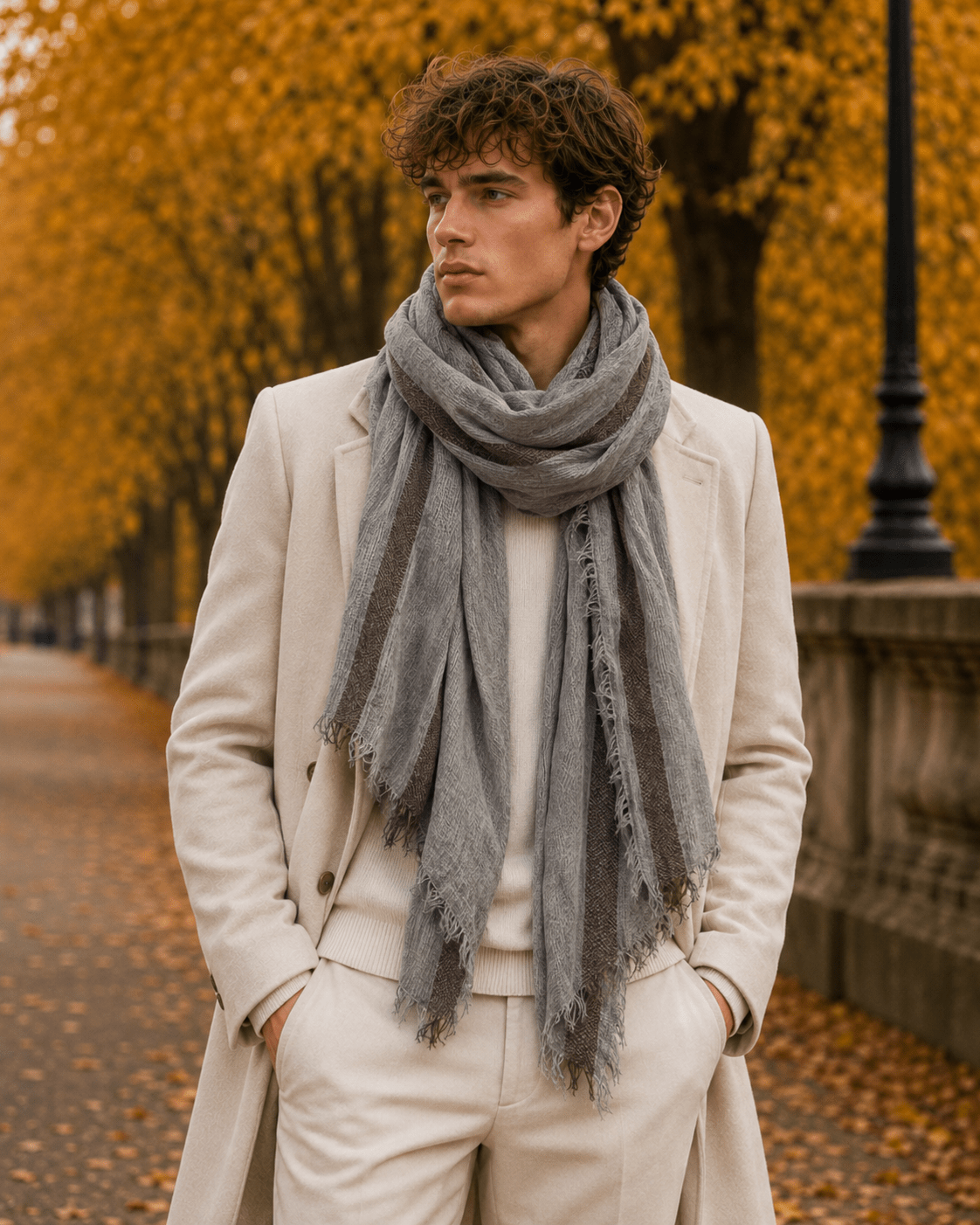 Men's Striped Scarf, Cotton and Viscose 50/50 F91645 — Dark Grey