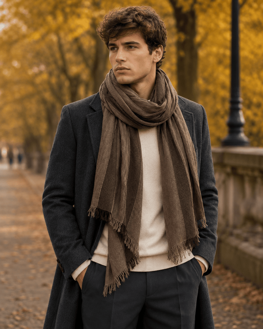 Men's Striped Scarf, Cotton and Viscose F91645 Brown