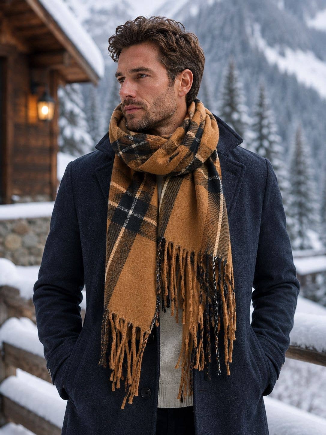 Men's Warm Checkered Scarf F91595 — CAMEL