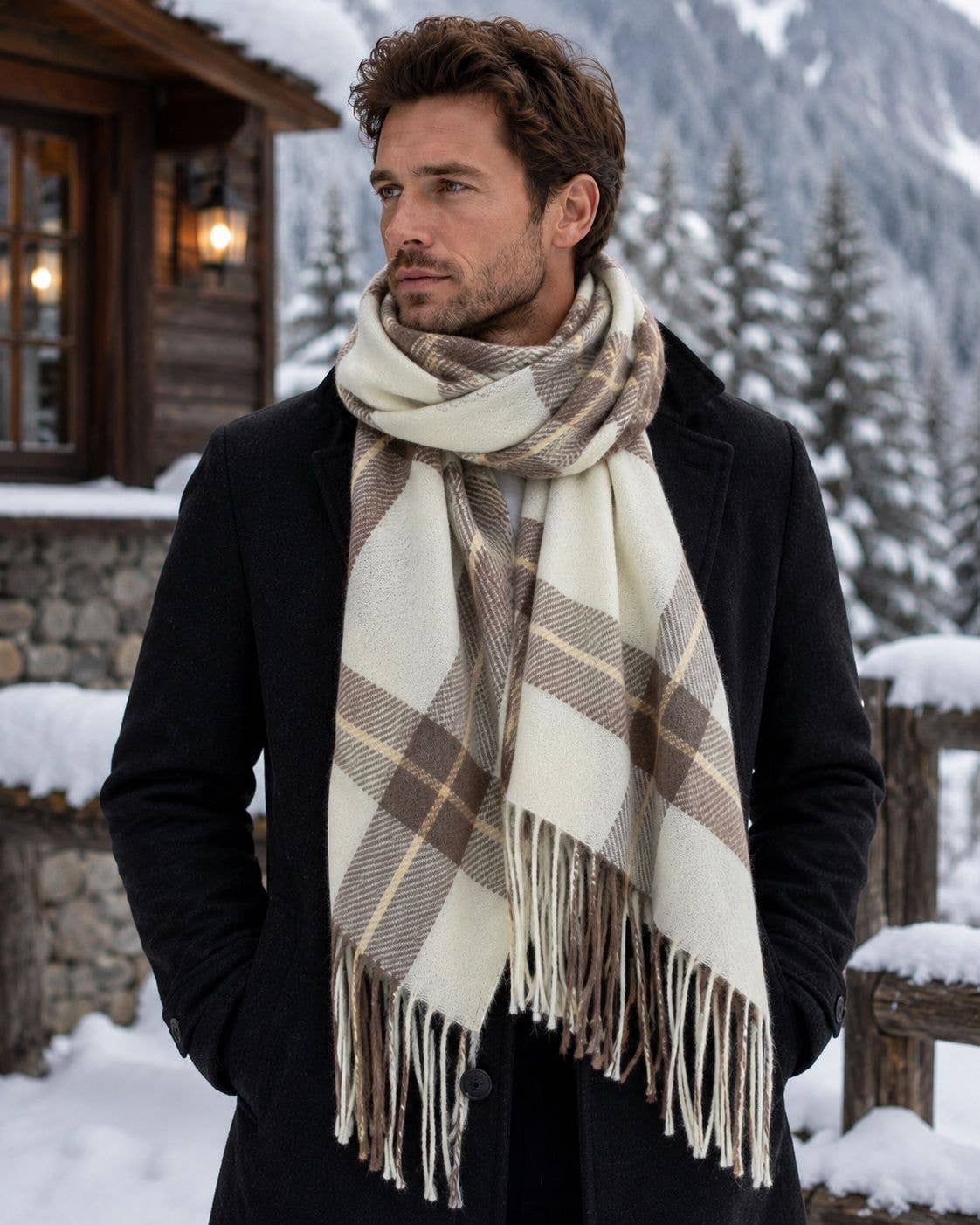 Men's warm checkered scarf F91595 — ECRU