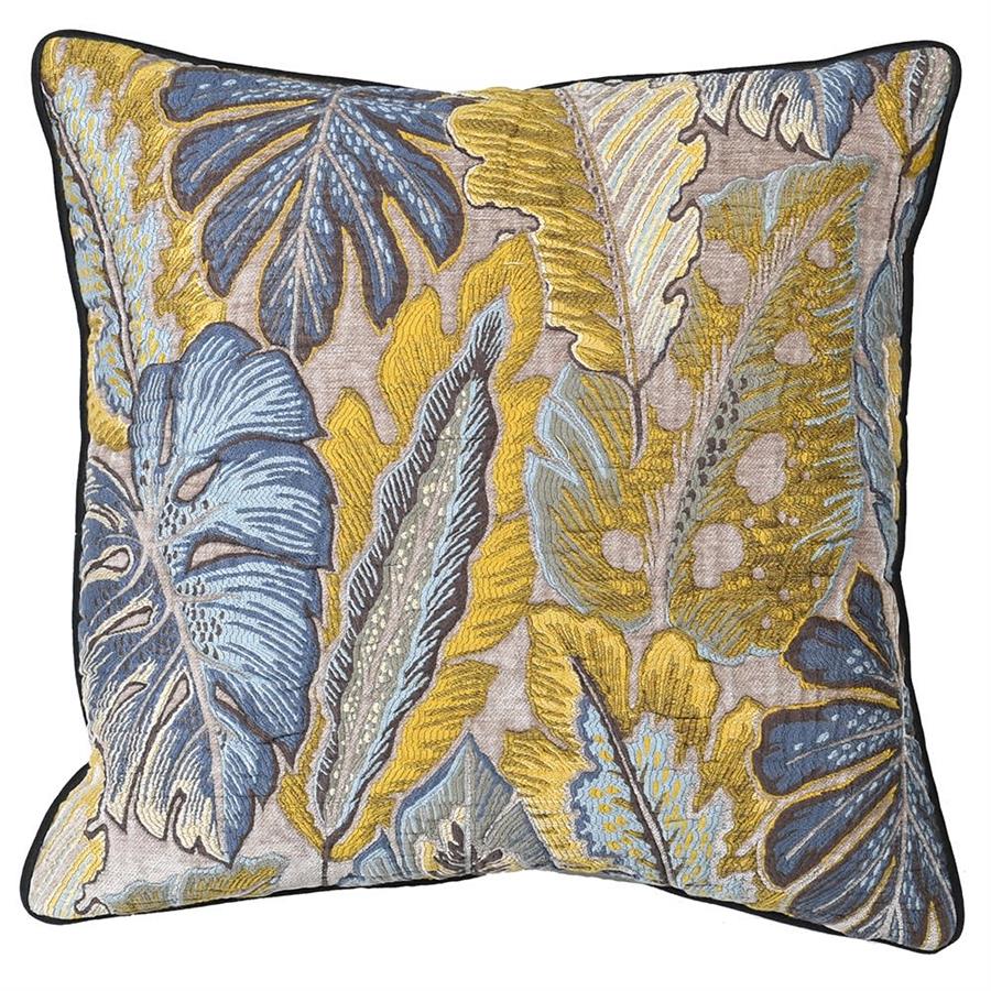 Mustard & Blue Leaves Cushion - LUXONAS HOME