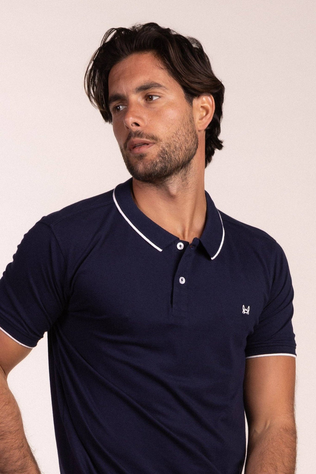 Navy Blue Stretch Polo Shirt with Contrast Detailing and Embroidered Logo - LUXONAS HOME