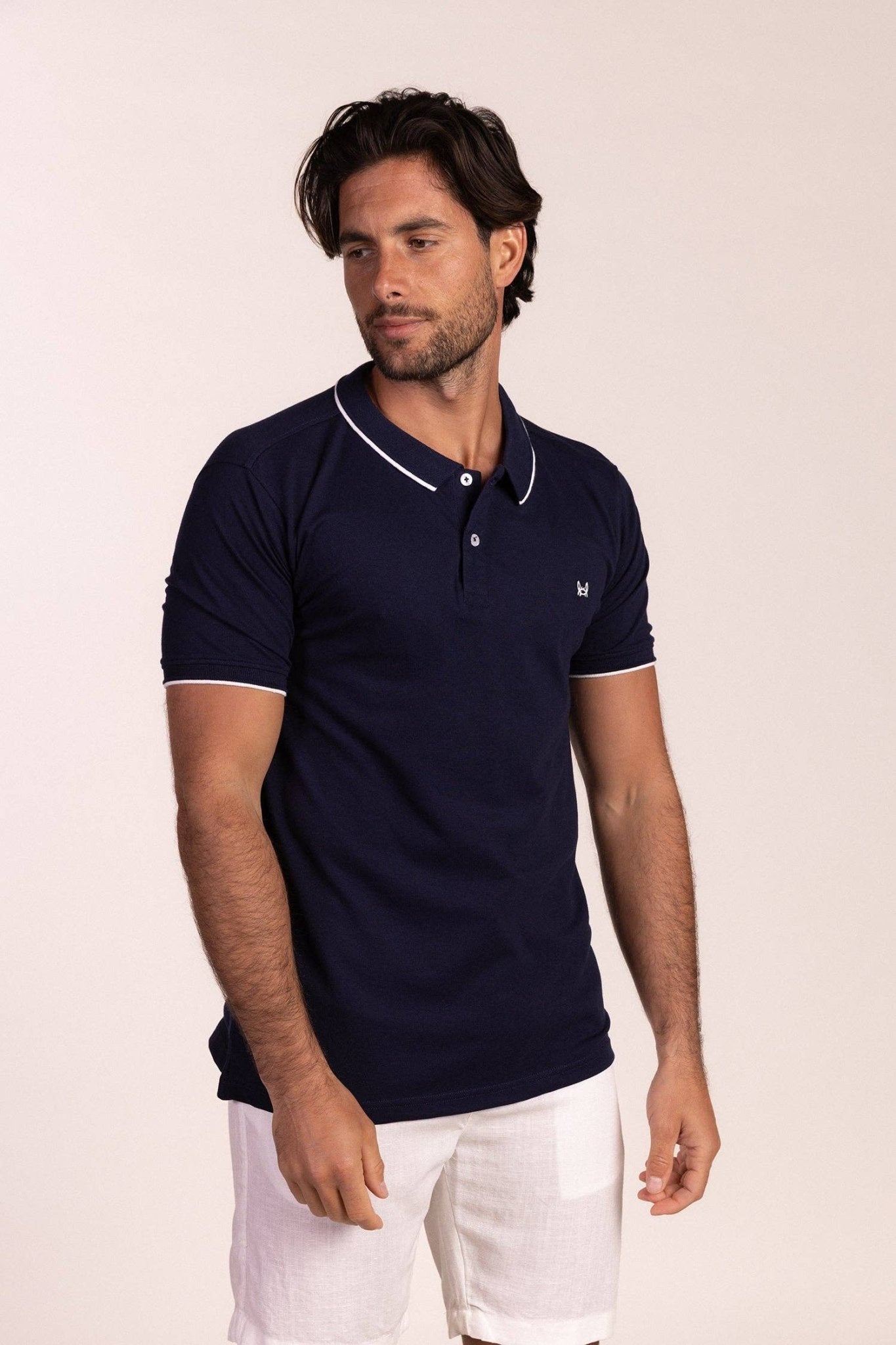 Navy Blue Stretch Polo Shirt with Contrast Detailing and Embroidered Logo - LUXONAS HOME