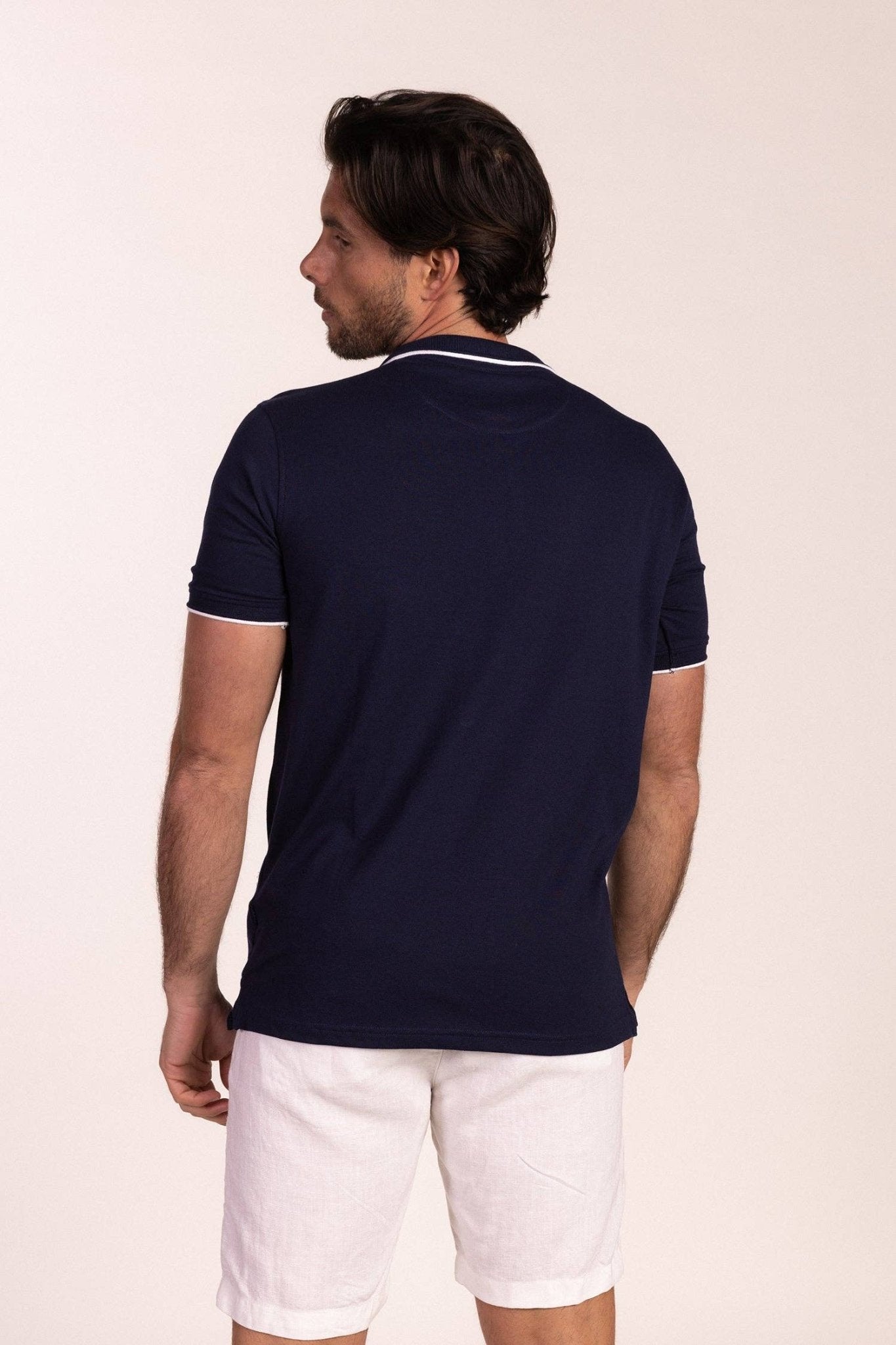 Navy Blue Stretch Polo Shirt with Contrast Detailing and Embroidered Logo - LUXONAS HOME