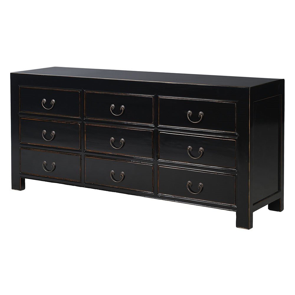 Oriental Black 9-Drawer Pine Wood Cabinet