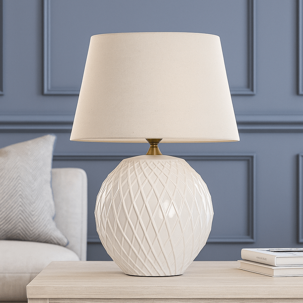 Porcelain White Design Lamp with Linen Shade - LUXONAS
