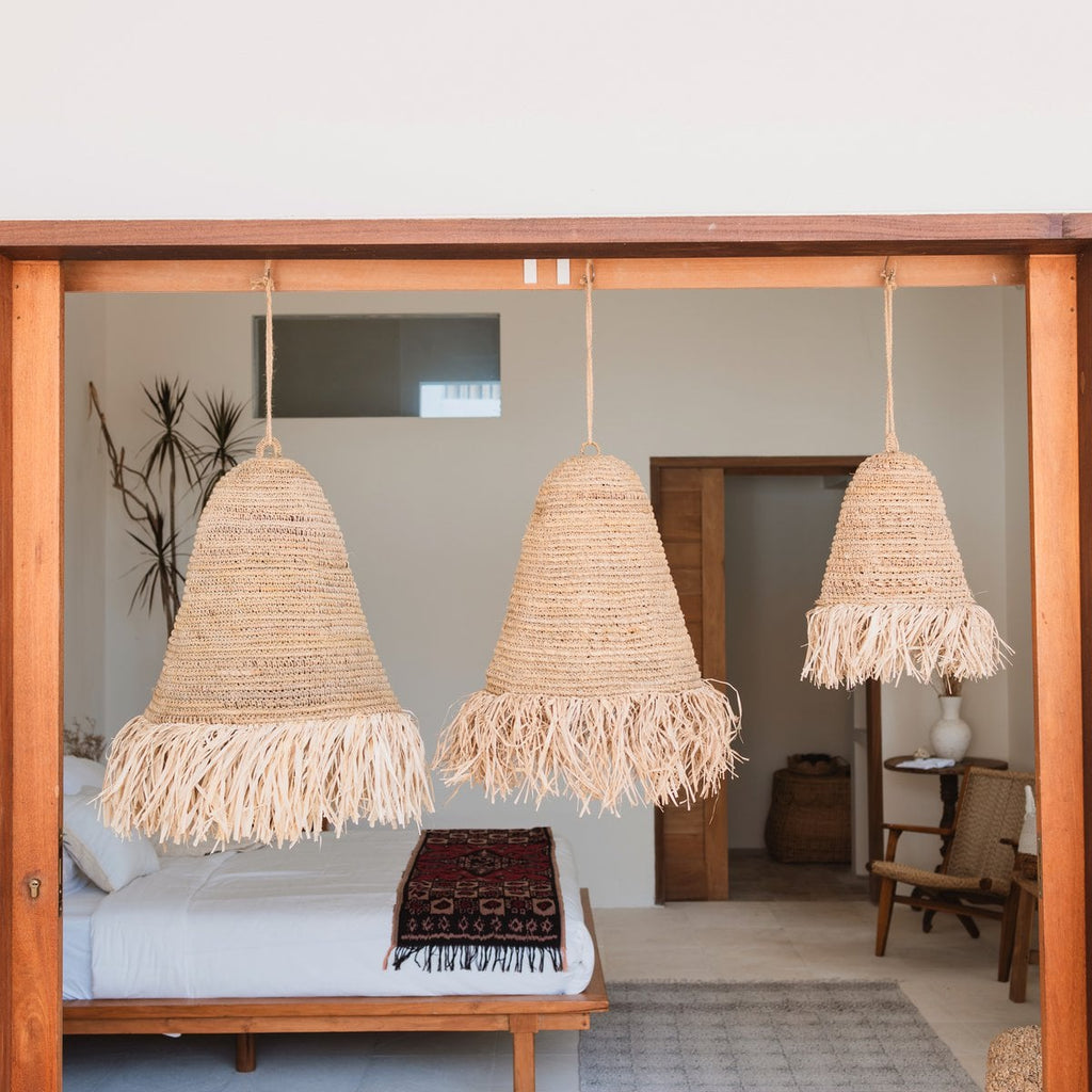Raffia Boho Lampshade – Hanging Pendant Light with Long Fringes (3 sizes Ø 30/40/50 cm) KALIMA - LUXONAS HOME