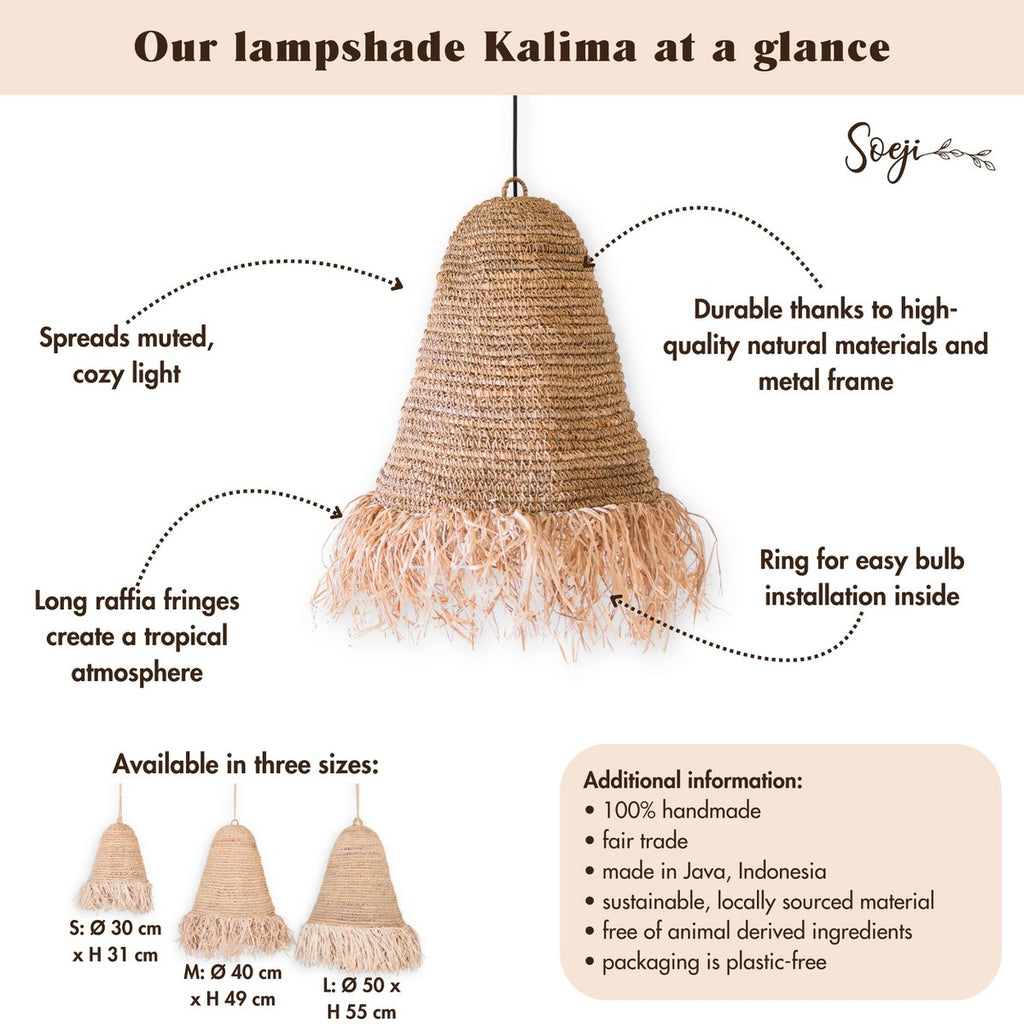 Raffia Boho Lampshade – Hanging Pendant Light with Long Fringes (3 sizes Ø 30/40/50 cm) KALIMA - LUXONAS HOME
